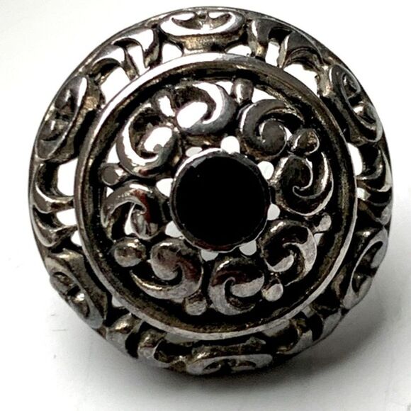 Vintage Domed Button Earrings – Silver Tone Scrollwork with Black Cabochon - Picture 3 of 7